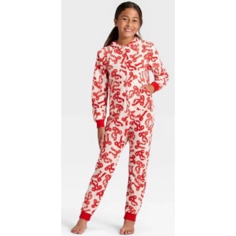 Cat & Jack NWT Girls XL/14 Hooded Union Red/White Candy Cane Bow Fleece Pajamas